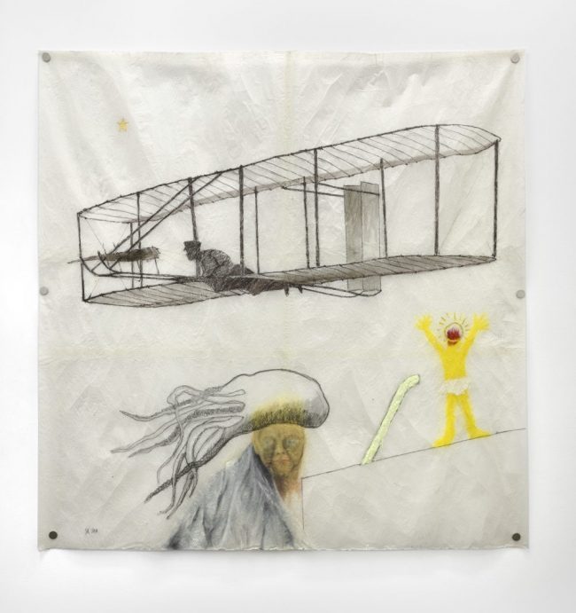 Wilbur Wright survolant Saint Christophe - De la série des Mythologies Personnelles - Technique mixte sur papier paraffiné - 180 x 180 cm - 2011