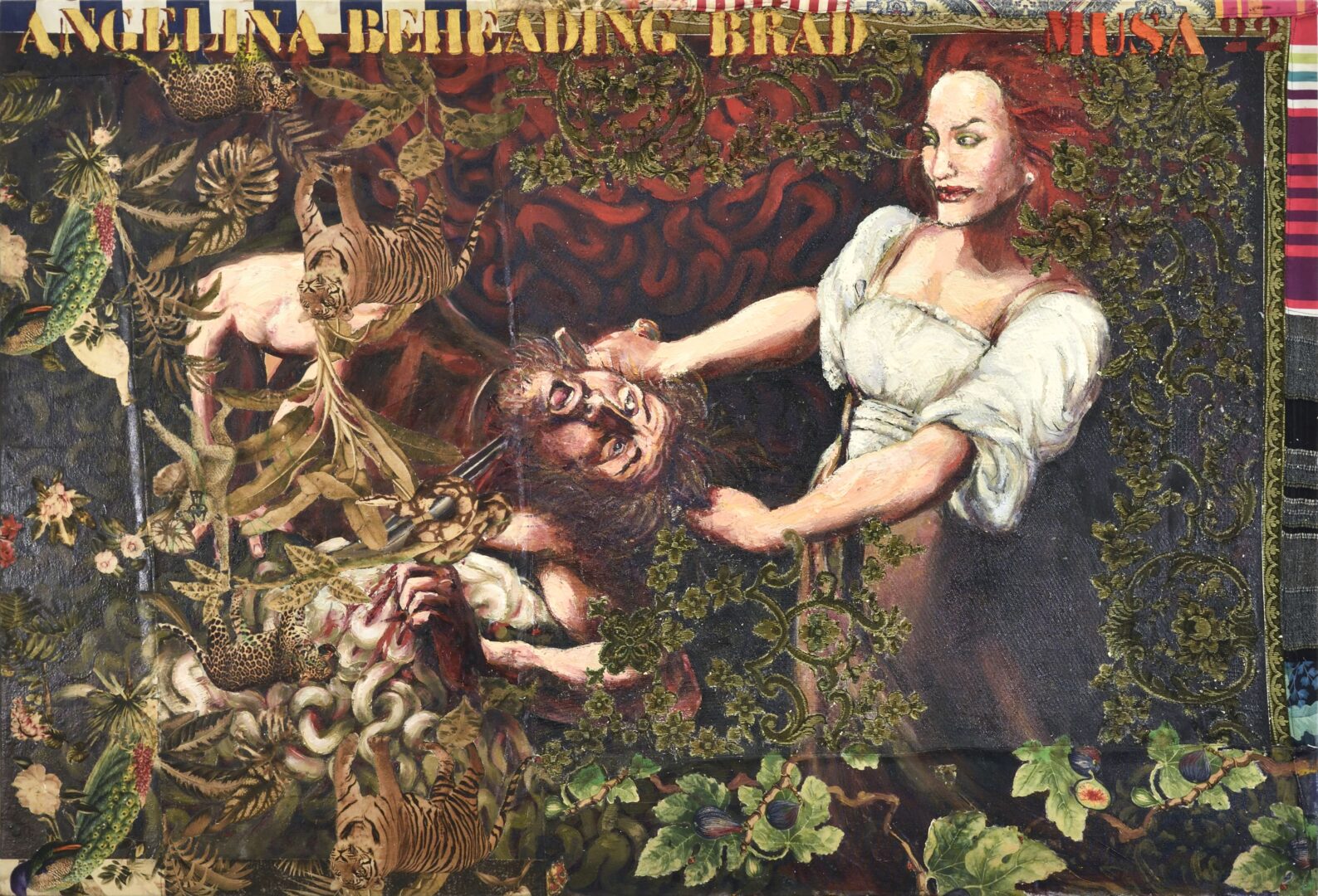 Hassan Musa, Angelina beheading Brad (d’après Caravaggio), 2022, Huile sur tissus imprimés sur bois, 106 x 155 cm