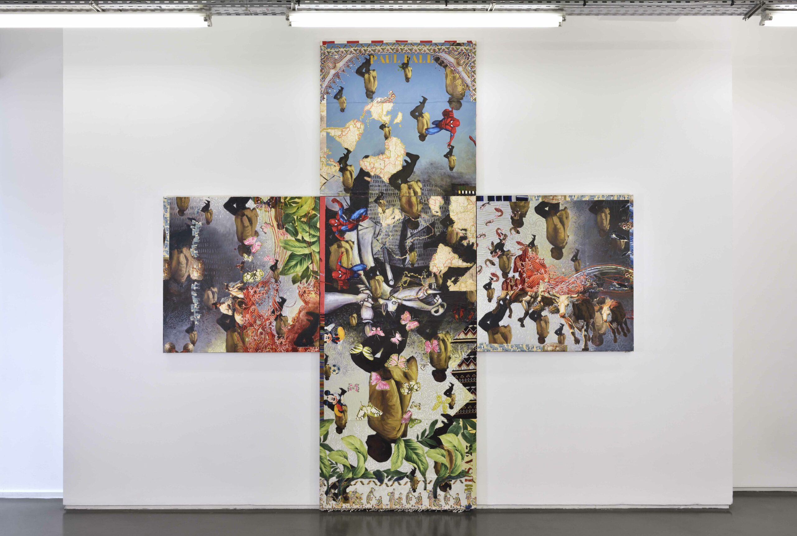 Hassan Musa, Paul fall (3) (d'après photo de Richard Drew), Polyptique, 2023, Huile sur tissus imprimés sur bois, 300 x 300 cm