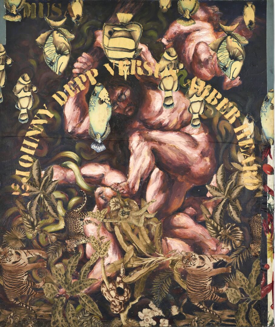 Hassan Musa, Johnny Depp versus Amber heard (d'après Rubens), 2022, Huile sur tissu imprimé sur bois, 120 x 100 cm