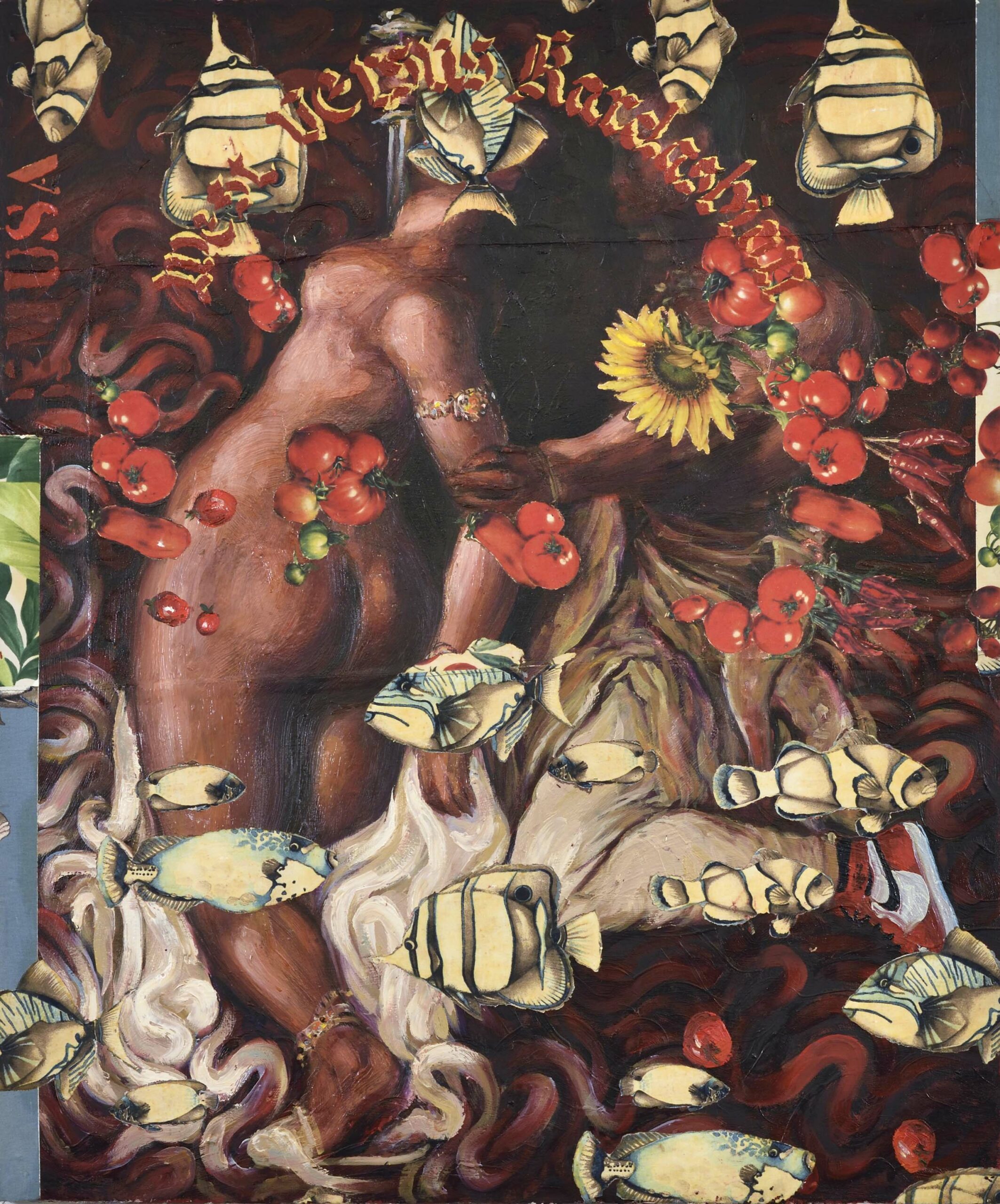 Hassan Musa, West versus Kardashian (d'après Delacroix), 2022, Huile sur tissu imprimé sur bois, 120 x 100 cm