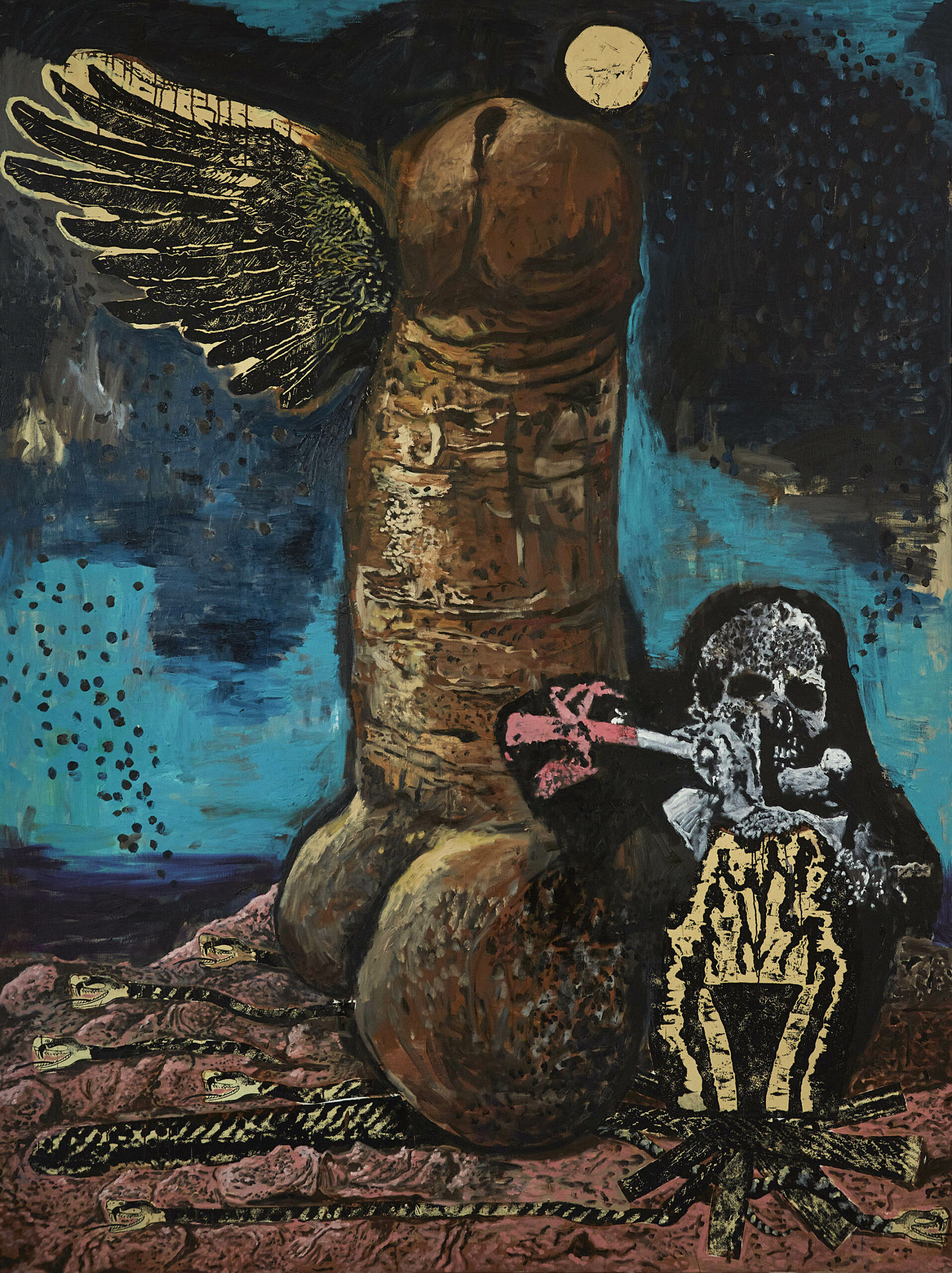 Damien Deroubaix, Rocket to Russia : Vladimir, 2022, huile et collage sur toile, 200 × 150 cmm