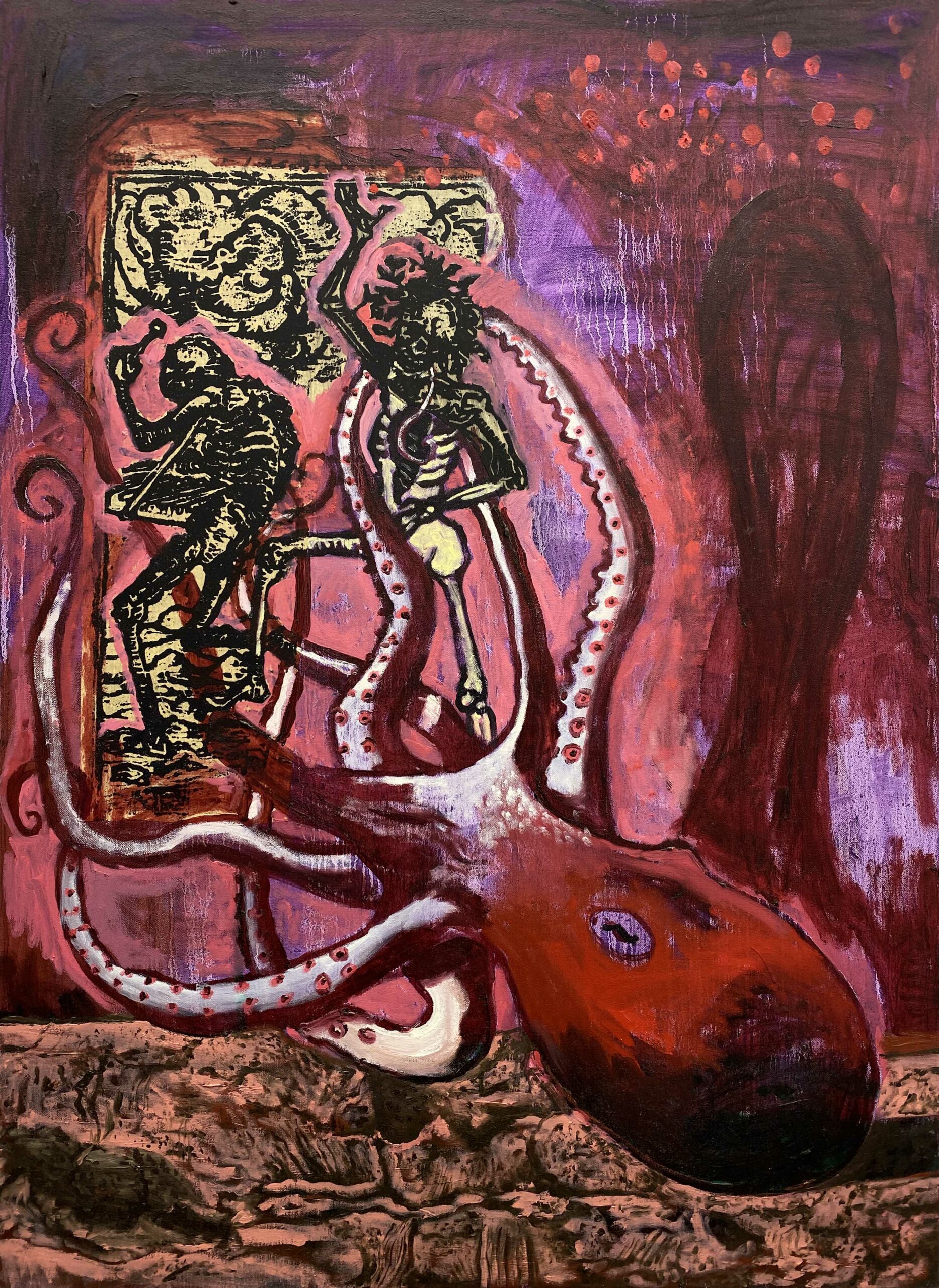 Damien Deroubaix, Sans titre, 2022, Huile et collage sur toile, 100 x 73 cm